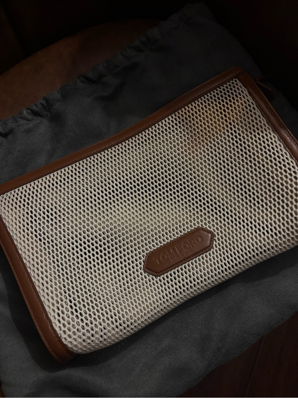 Tom Ford Cream Mesh Clutch with Brown Leather Trim